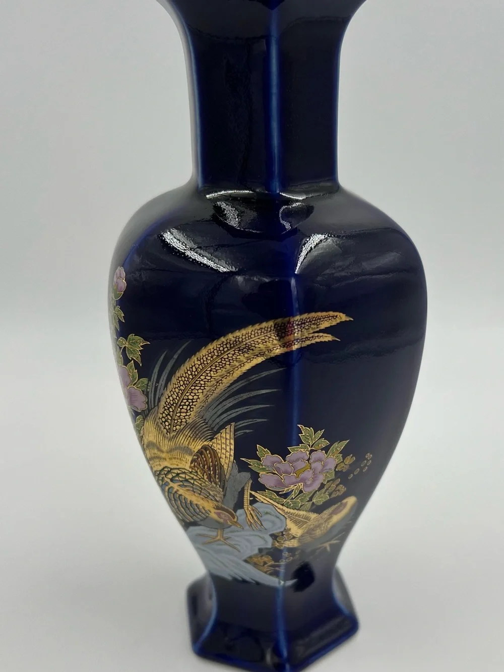 Vintage Japanese Blue Cobalt Porcelain Floral Gold Pheasant Vase 8” Tall